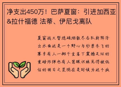 净支出450万!巴萨夏窗:引进加西亚&拉什福德 法蒂、伊尼戈离队 净支出450万!巴萨夏窗:引进加西亚&拉什福德 法蒂、伊尼戈离队
